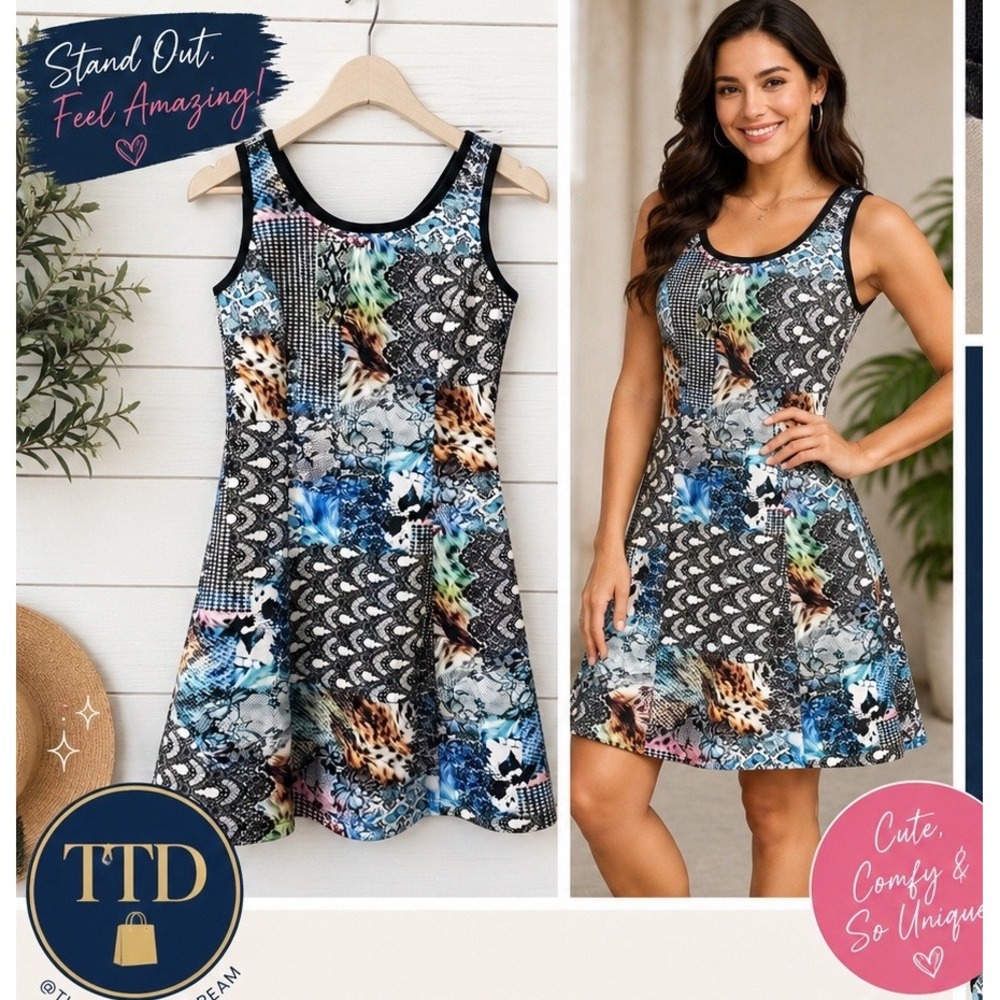 Milano Formals PM Mixed Print Skater Dress Animal Houndstooth Lace Sleeveless S